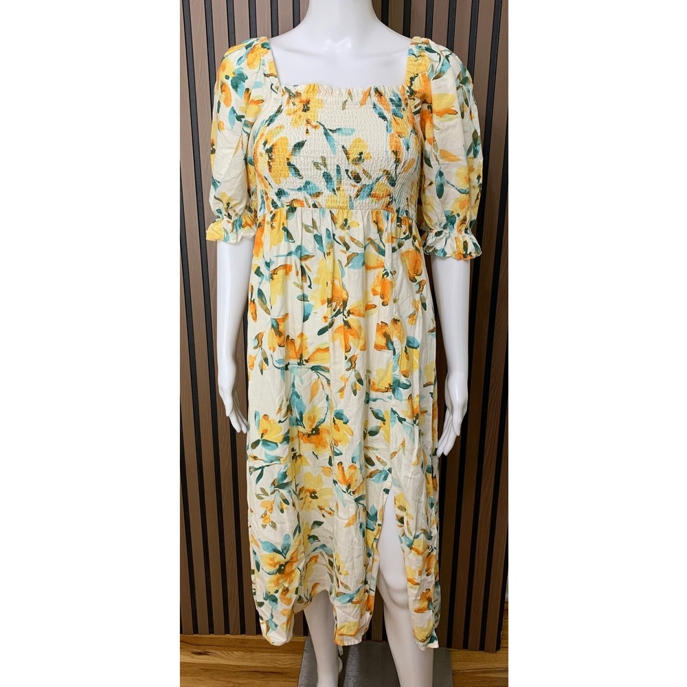 Gap Floral Smocked Midi Dress XS Yellow Orange Linen Blend Puff Sleeve Slit